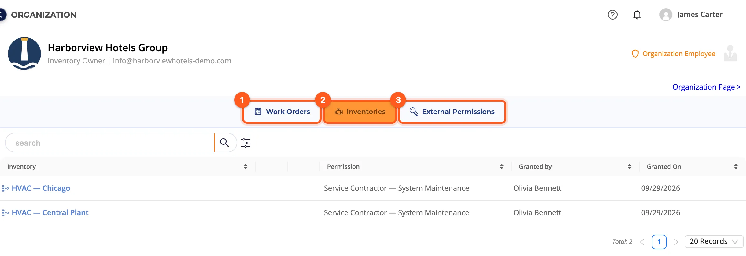 The customer page, Inventories tab