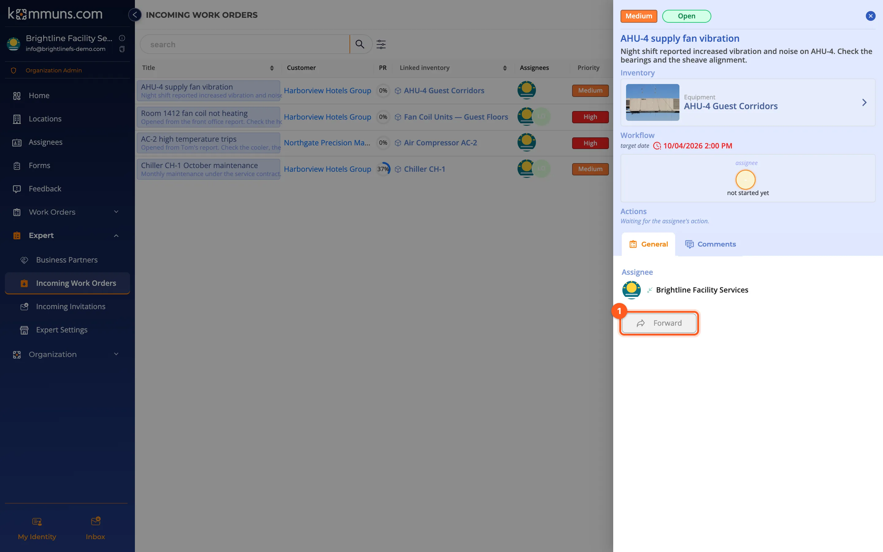 The Forward button in the work order panel