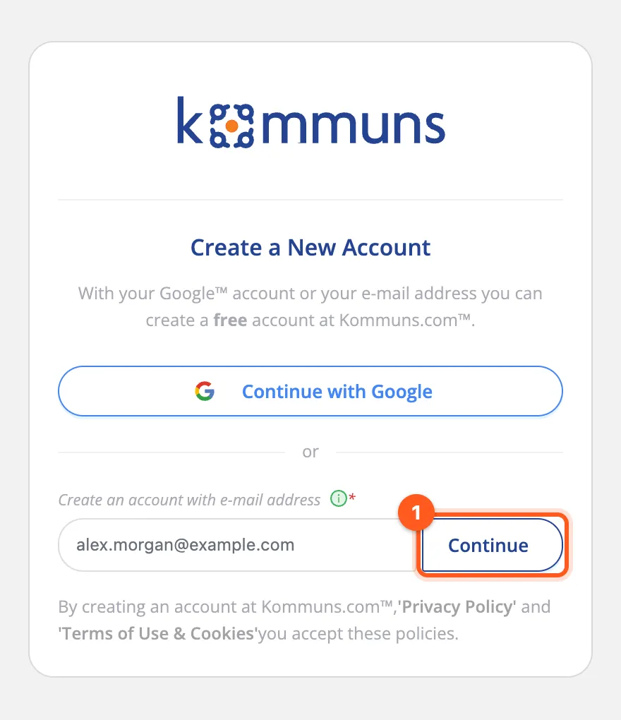The Create a New Account screen