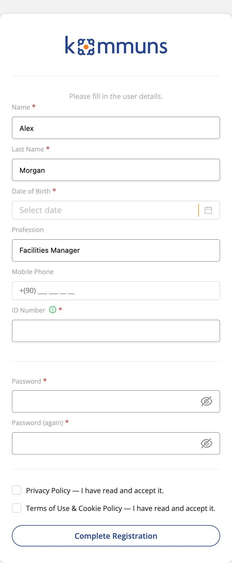 The user details form