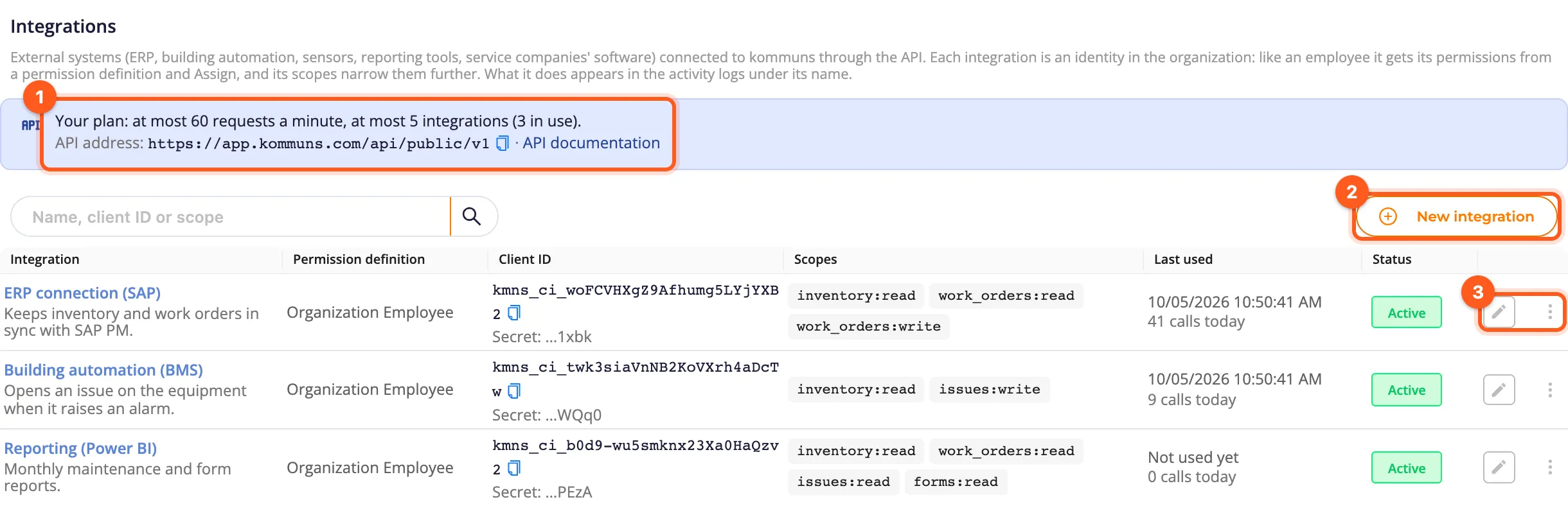 The Integrations page with three integrations