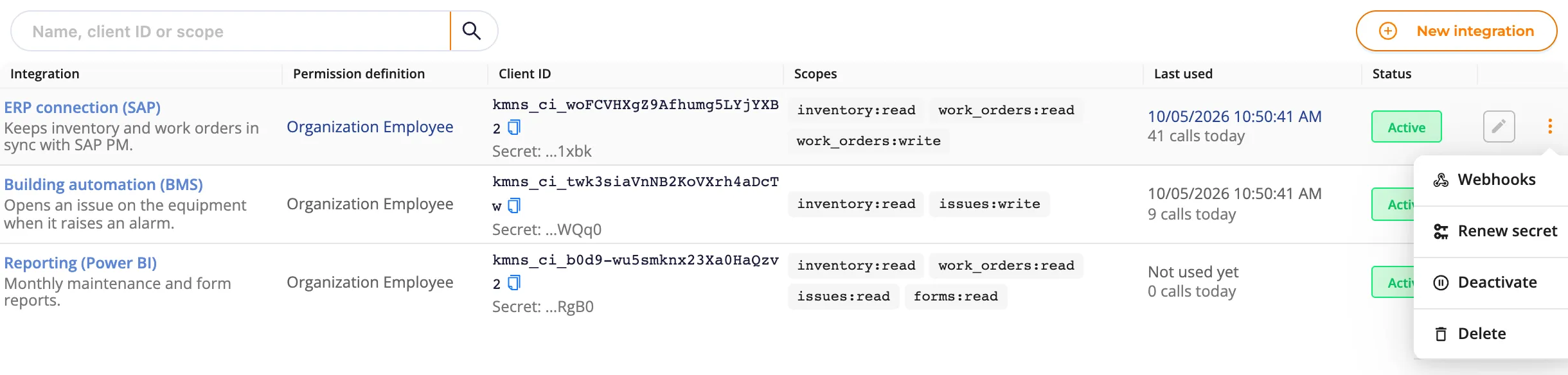 The ⋮ menu of an integration