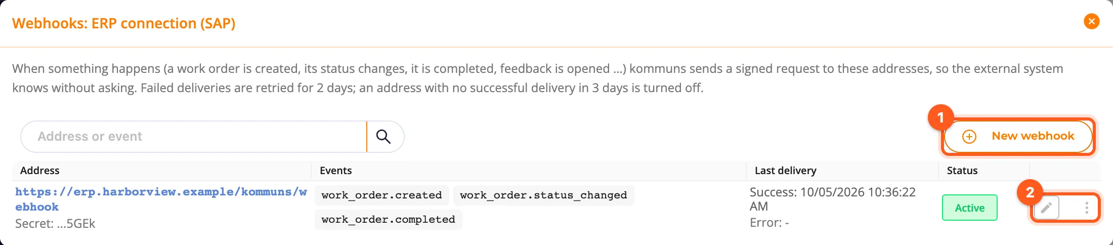 The Webhooks window of an integration