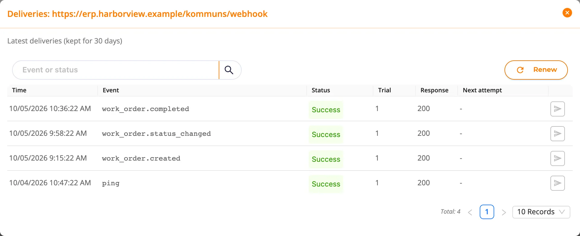 The deliveries of a webhook address