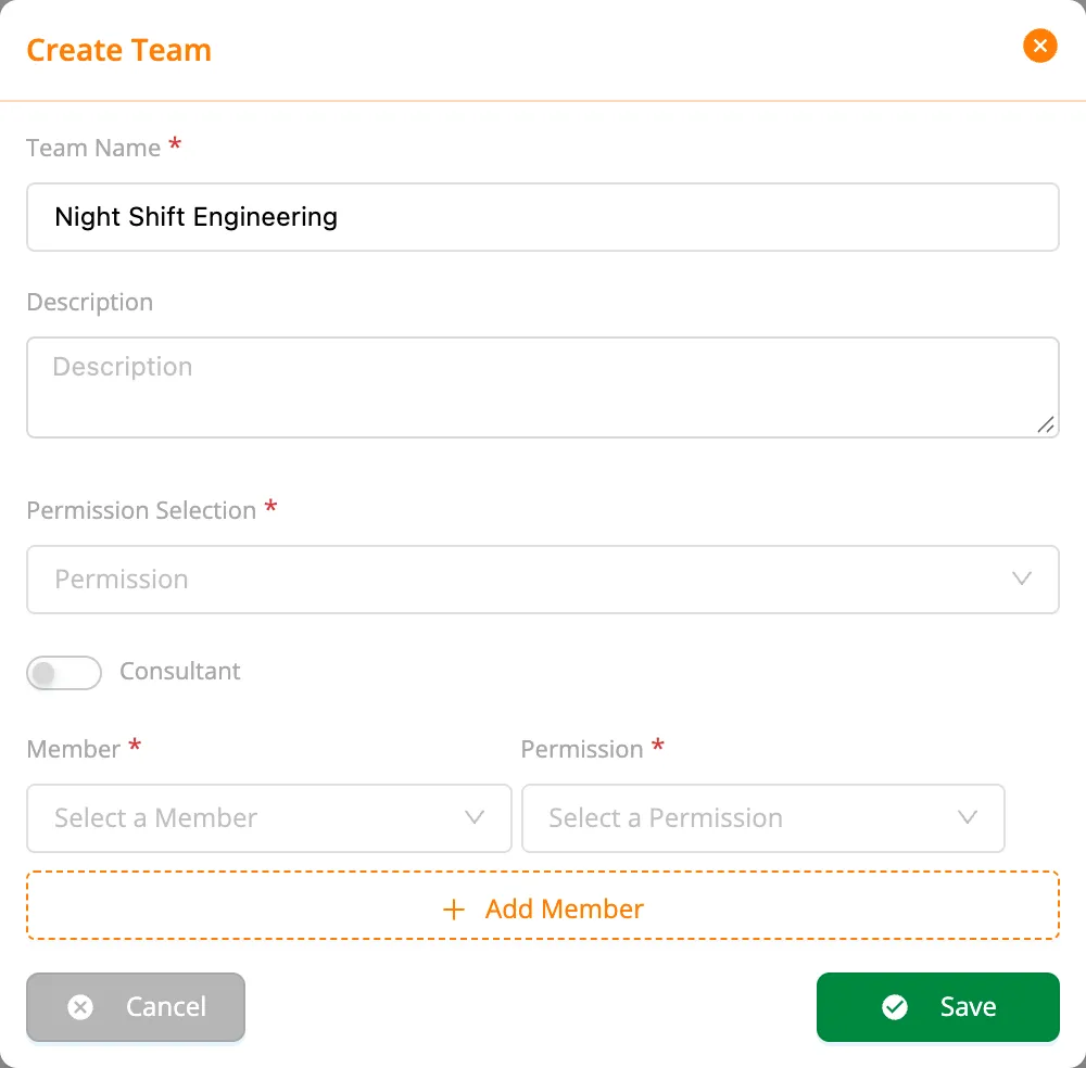 The Create Team window