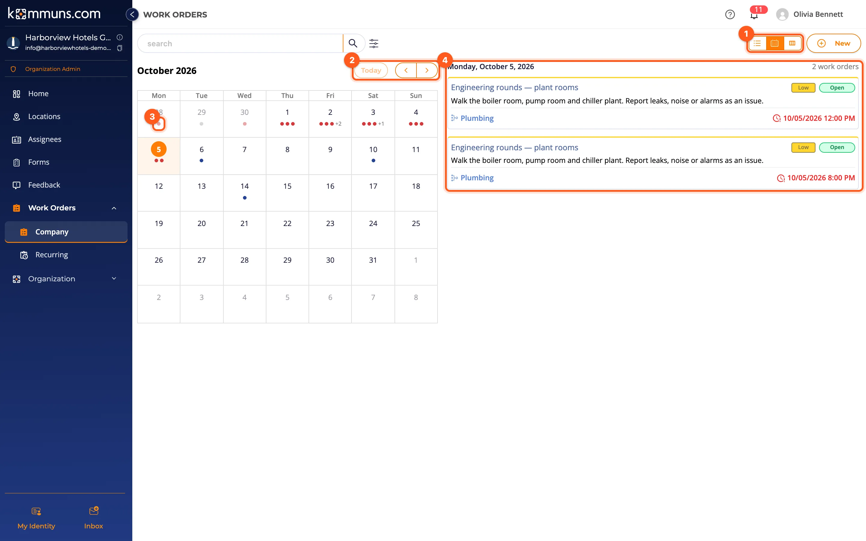 Work orders in the calendar view