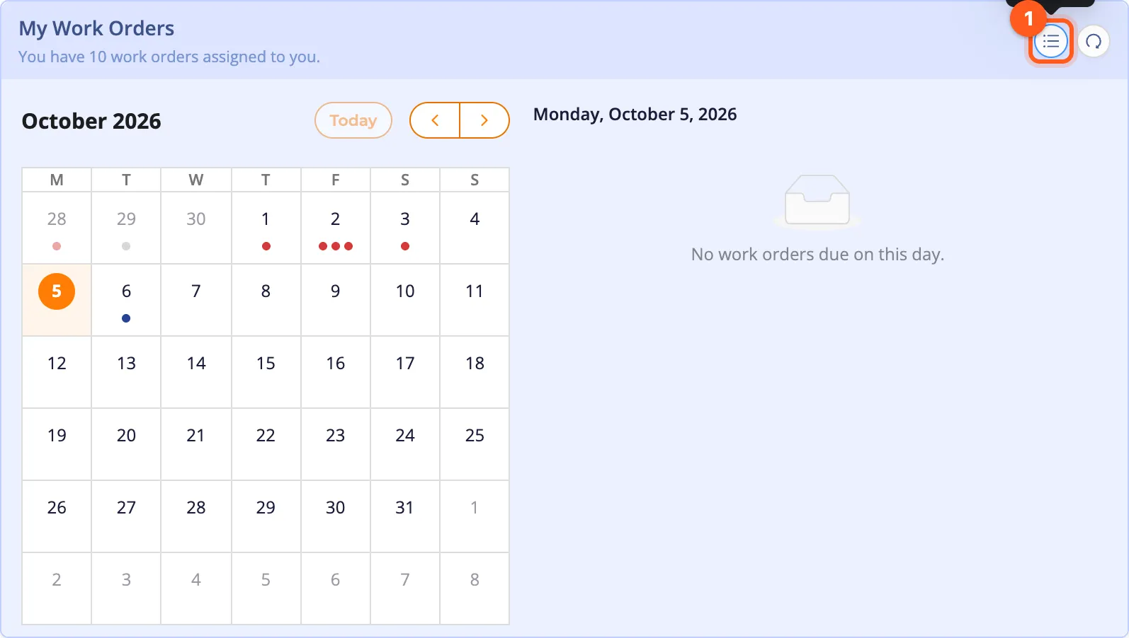 The My Work Orders card in calendar view