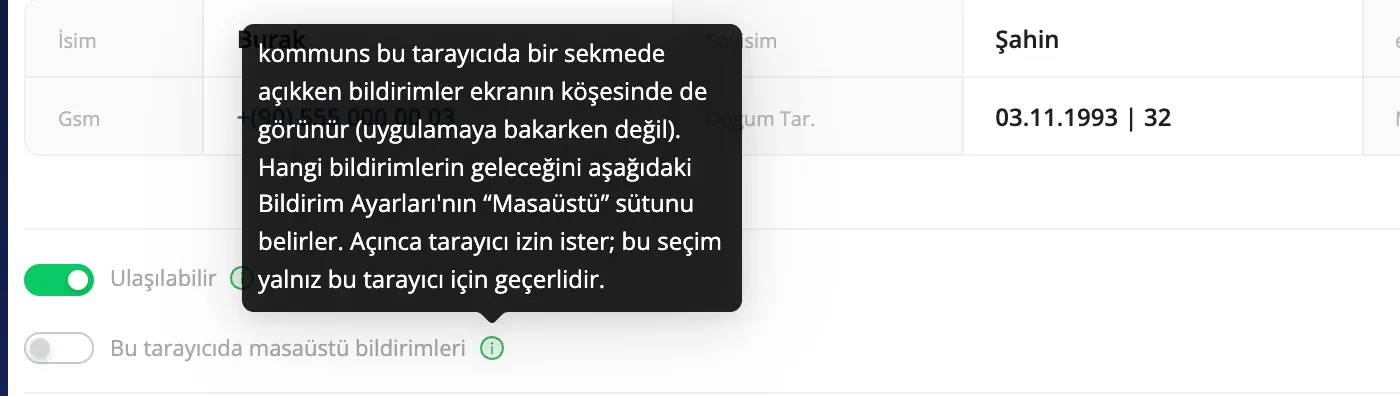 Ulaşılabilir'in altındaki Bu tarayıcıda masaüstü bildirimleri anahtarı