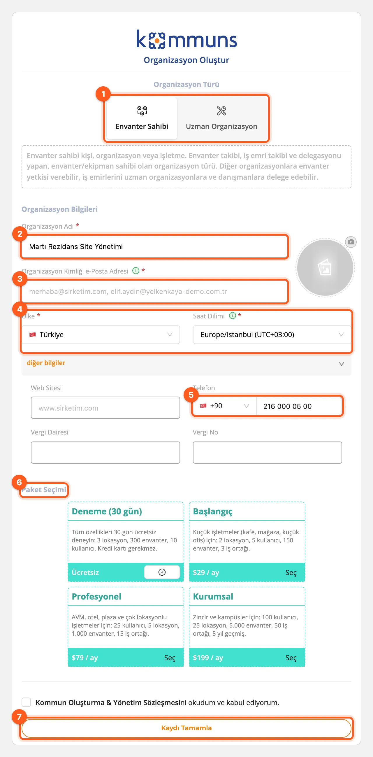 Organizasyon Oluştur formu