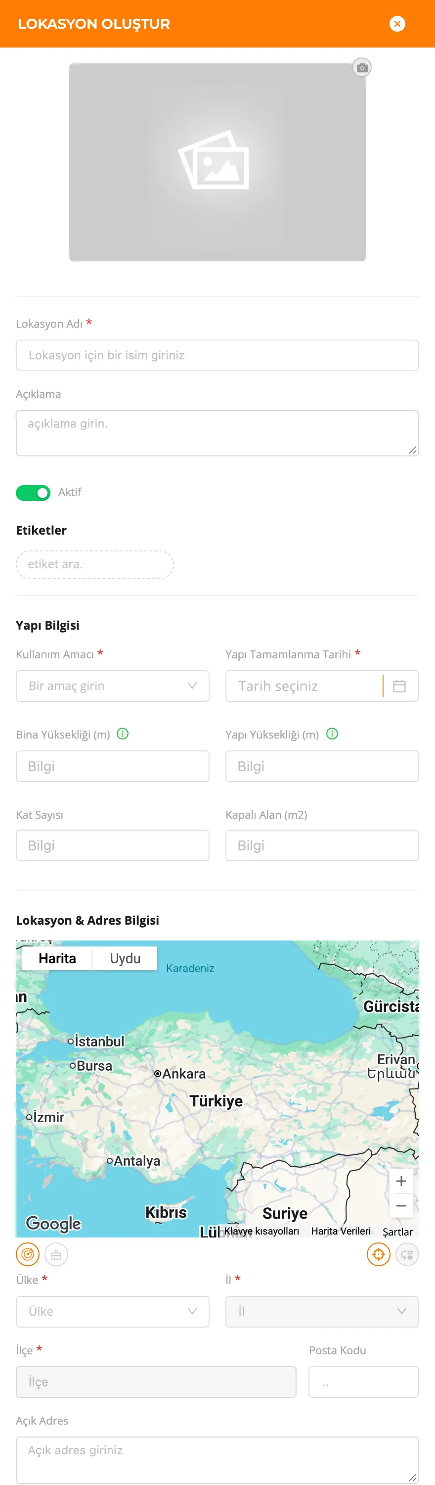 Lokasyon Oluştur paneli