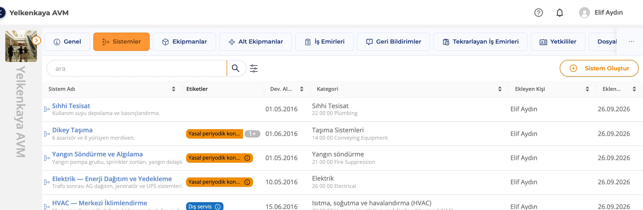 Lokasyonun Sistemler sekmesi
