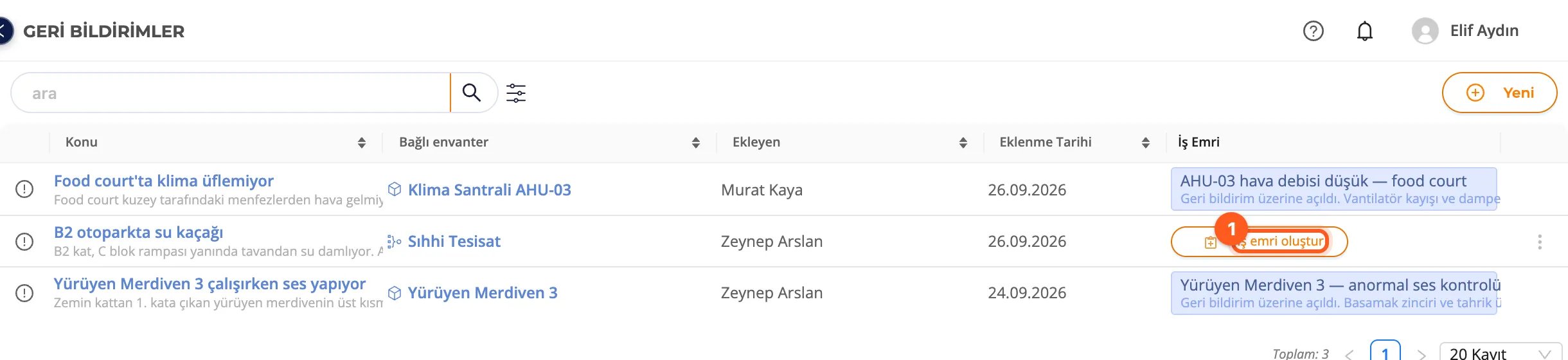Geri Bildirimler listesi