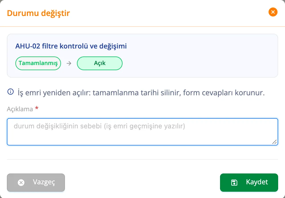 Durumu değiştir penceresi
