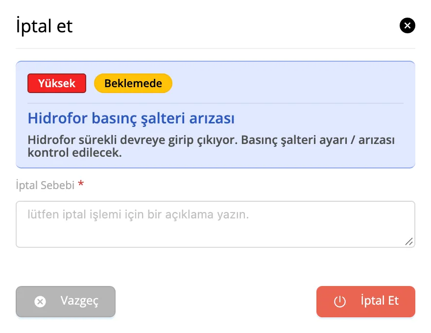 İptal et paneli