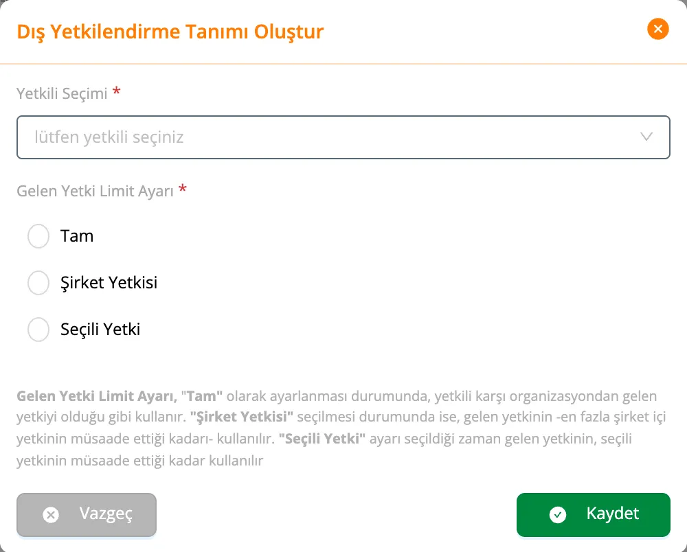 Dış Yetkilendirme Tanımı Oluştur