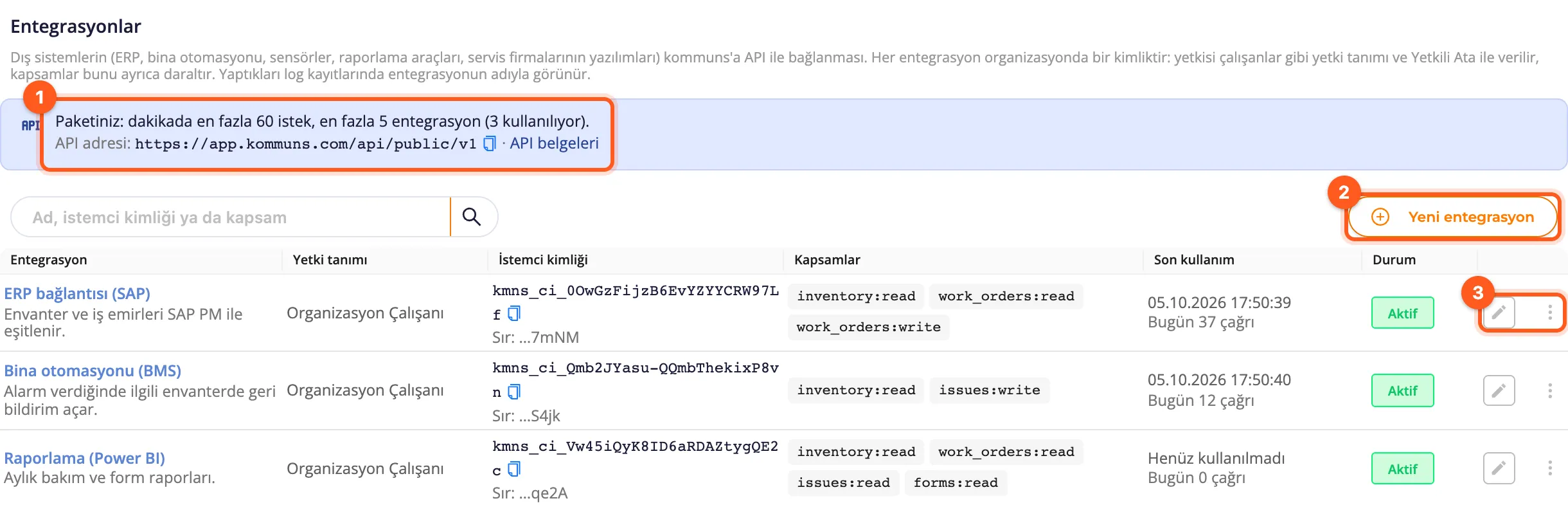 Üç entegrasyonlu Entegrasyonlar sayfası