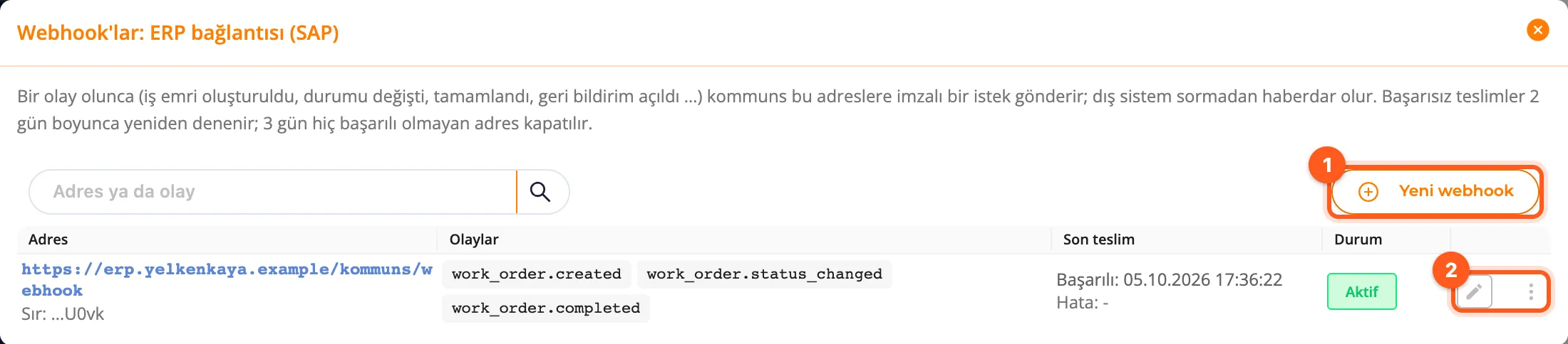 Bir entegrasyonun Webhook'lar penceresi