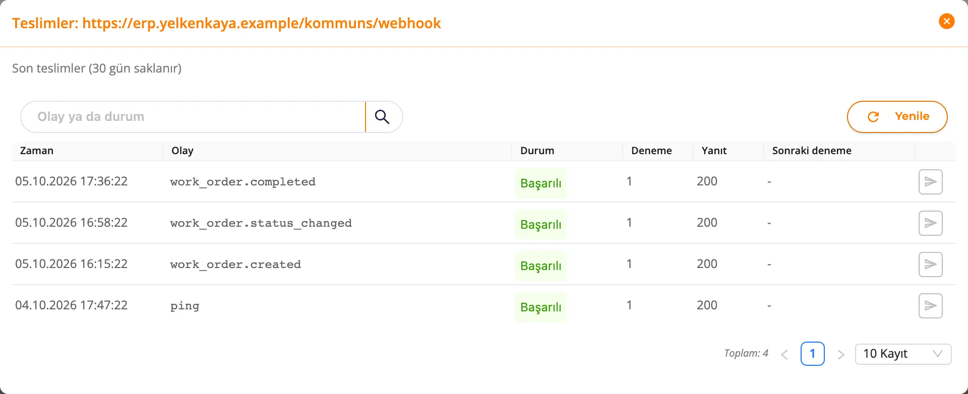 Bir webhook adresinin teslimleri