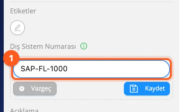 Detay panelinde dış sistem numarası