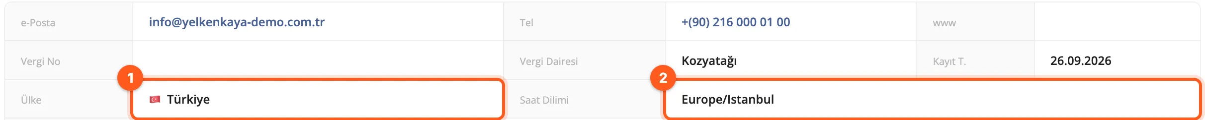 Organizasyon kartında ülke ve saat dilimi