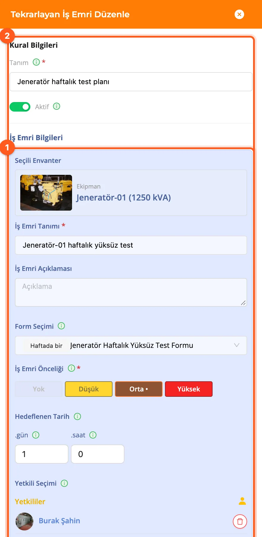 Tekrarlayan İş Emri Düzenle paneli