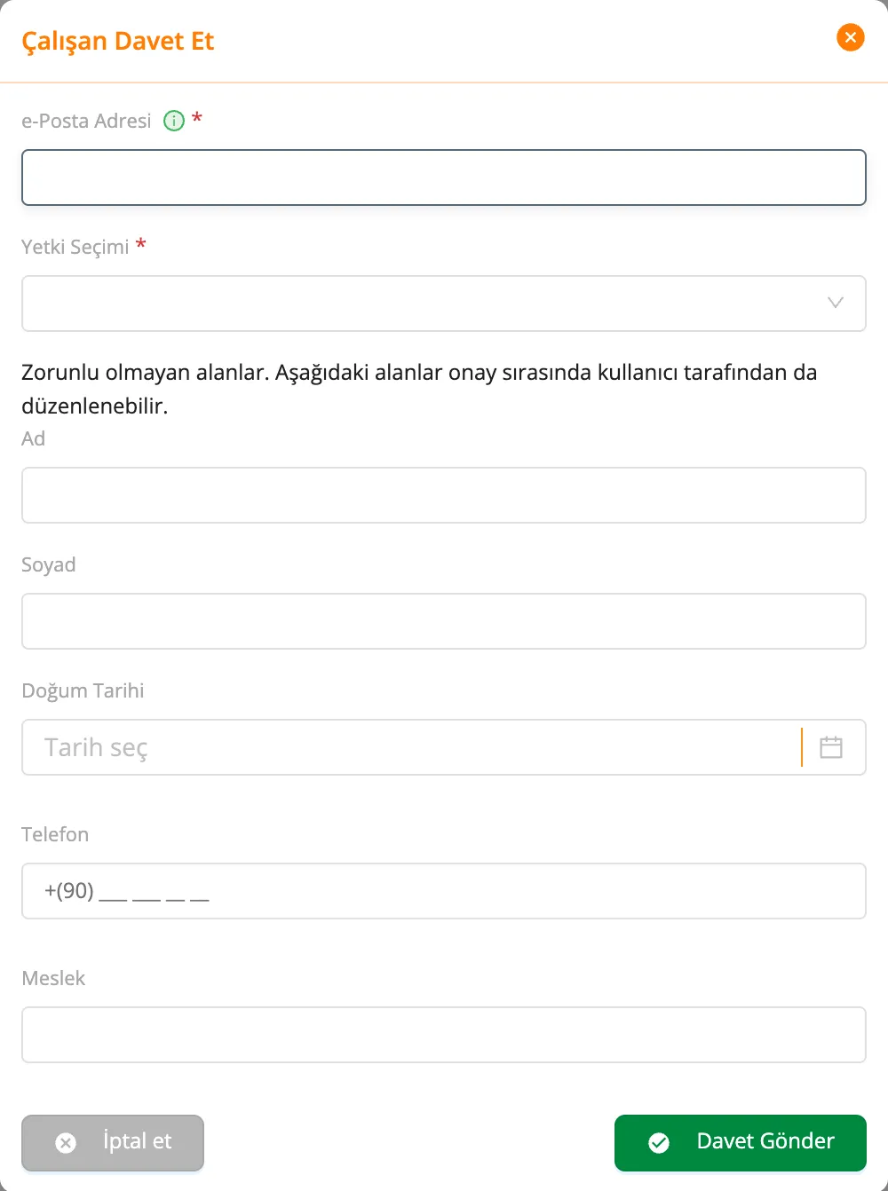 Çalışan Davet Et penceresi
